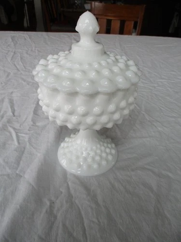 Vintage Fenton Nobnail Milk Glass Pedestal Candy Lidded Dish 9" Excellent!