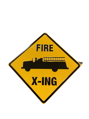 Fire Truck Crossing Sign Embossed Metal Xing Tin Fireman Department Firefighter