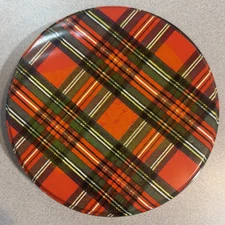 Round Tin Canister Red Green Gold Plaid Holiday Storage Container