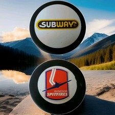 WINDSOR SPITFIRES VINTAGE OLD RARE SUBWAY SPONSOR OFFICIAL 🏒 PUCK Made In 🇨🇦 