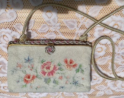  Vintage Walborg France Hand Beaded Evening Bag Yvory Glass Beads Floral Desing 