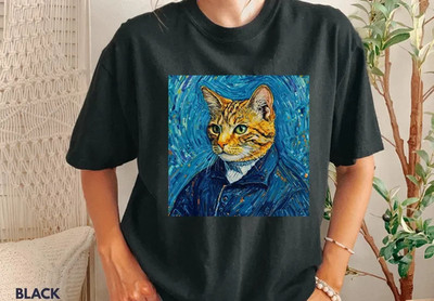 Van Gogh Style Cat Portrait T-Shirt | Starry Brushstroke Feline