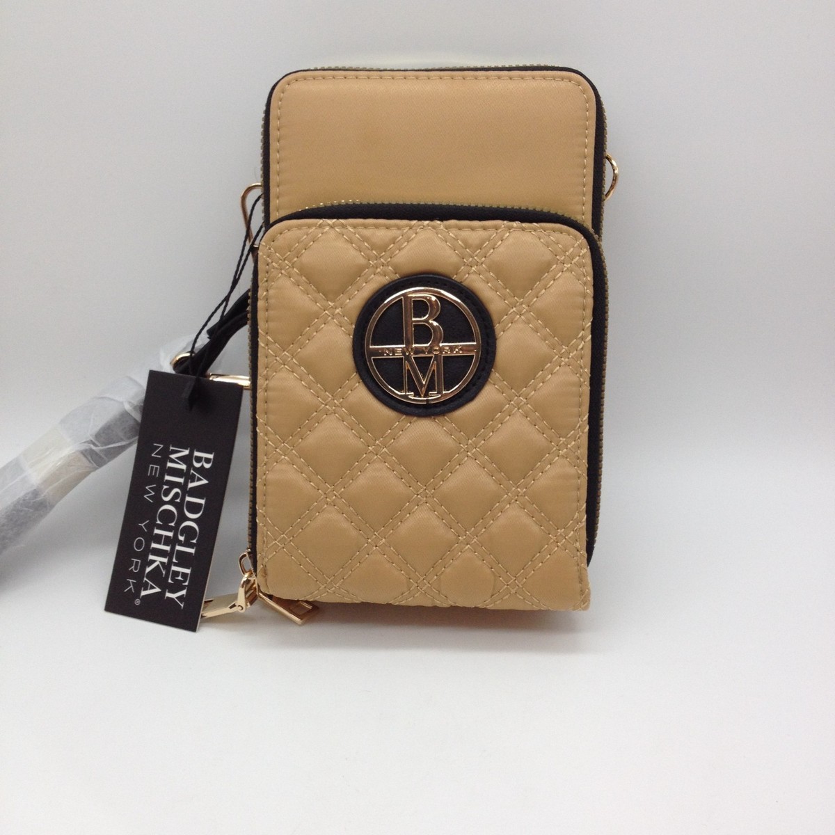 Badgley Mischka Small Quilted Tan Crossbody Bag/Wallett NWT 