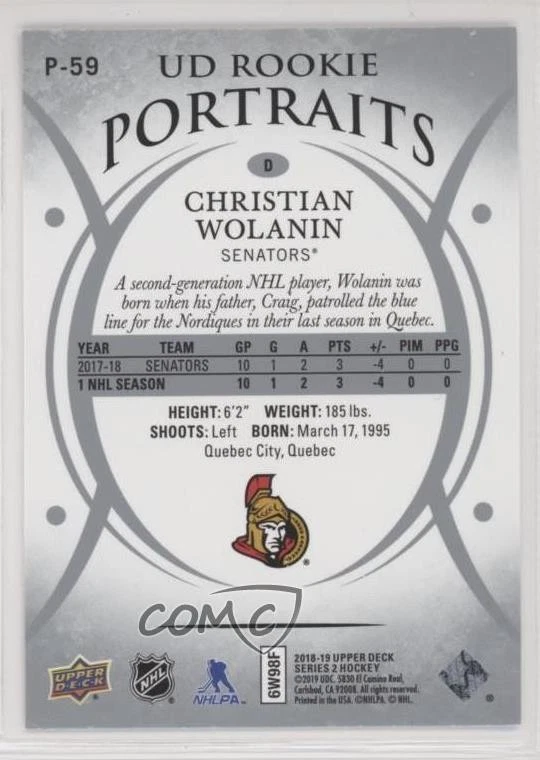2018-19 Upper Deck UD Portraits Rookies Christian Wolanin #P-59 Rookie RC - Image 2 of 2