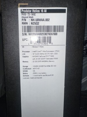 Acer Predator Helios 16 AI PH16-73 32GB RAM, NVIDIA RTX 5090 24GB. Ultra 9 275HX