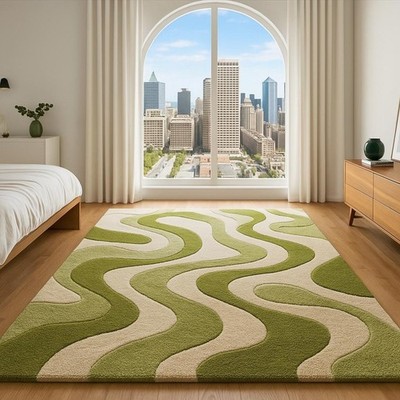 Handgetufteter neuseeländischer Wollteppich: grüne Welle geometrisches Design