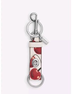 Coach Trigger Snap Bag Charm Cherry Print Chalk White Red Keychain NWT - CZ088 