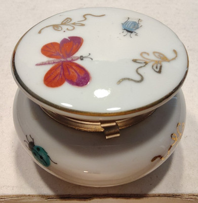 Vintage Small Porcelain Trinket Box - Butterfly & Bugs Scene