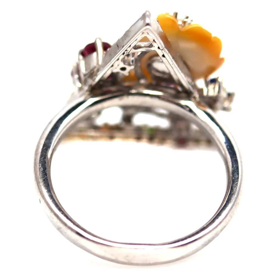 925 Silver Yellow Mother Of Pearl, Ruby, Sapphire, Zircon & Enamel Ring Size 6.5 - Image 3 of 4