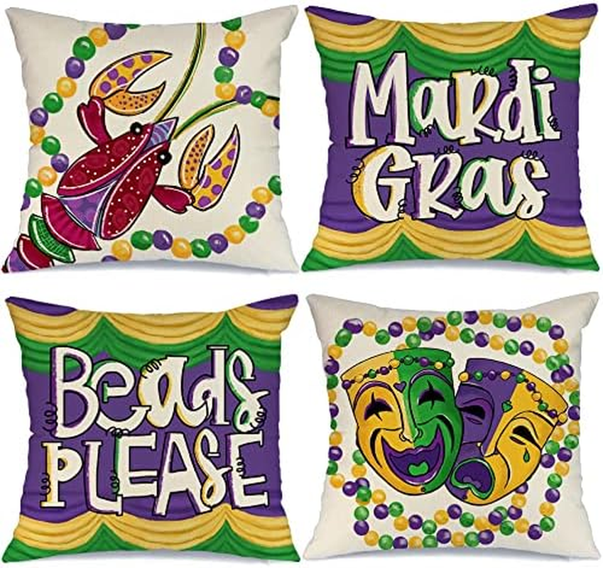 Mardi Gras Pillow Covers 18X18 Inch Set of 4 for Home Decorations Beads Eye Mask