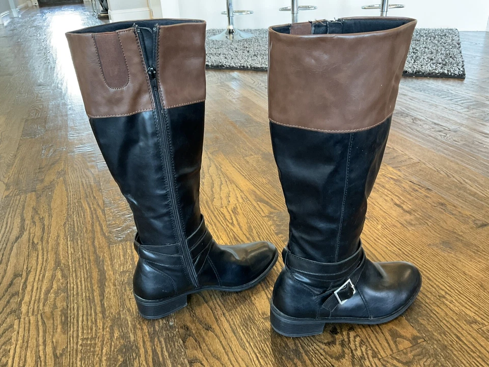 Botas de montar Arizona Delling hasta la rodilla negras marrones correas cremallera para mujer talla 9M EE. UU. Foto 4 de 4