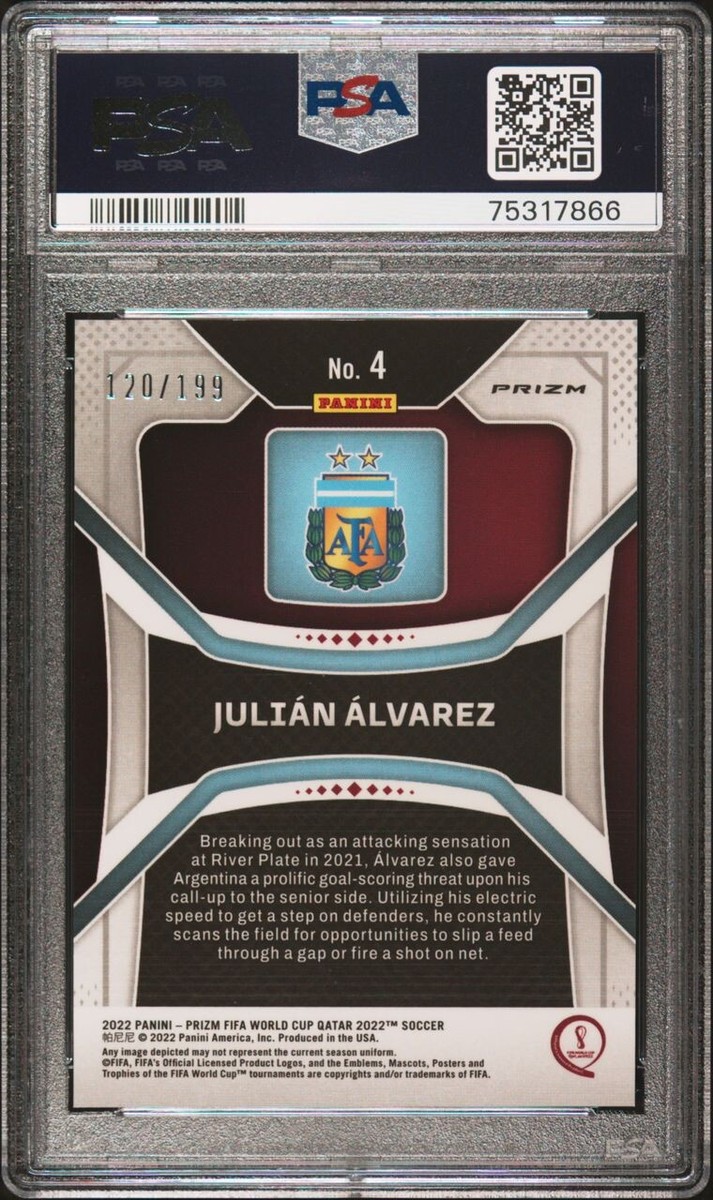 2022 Panini Prizm World Cup Julian Alvarez Blue Wave RC /199 PSA 