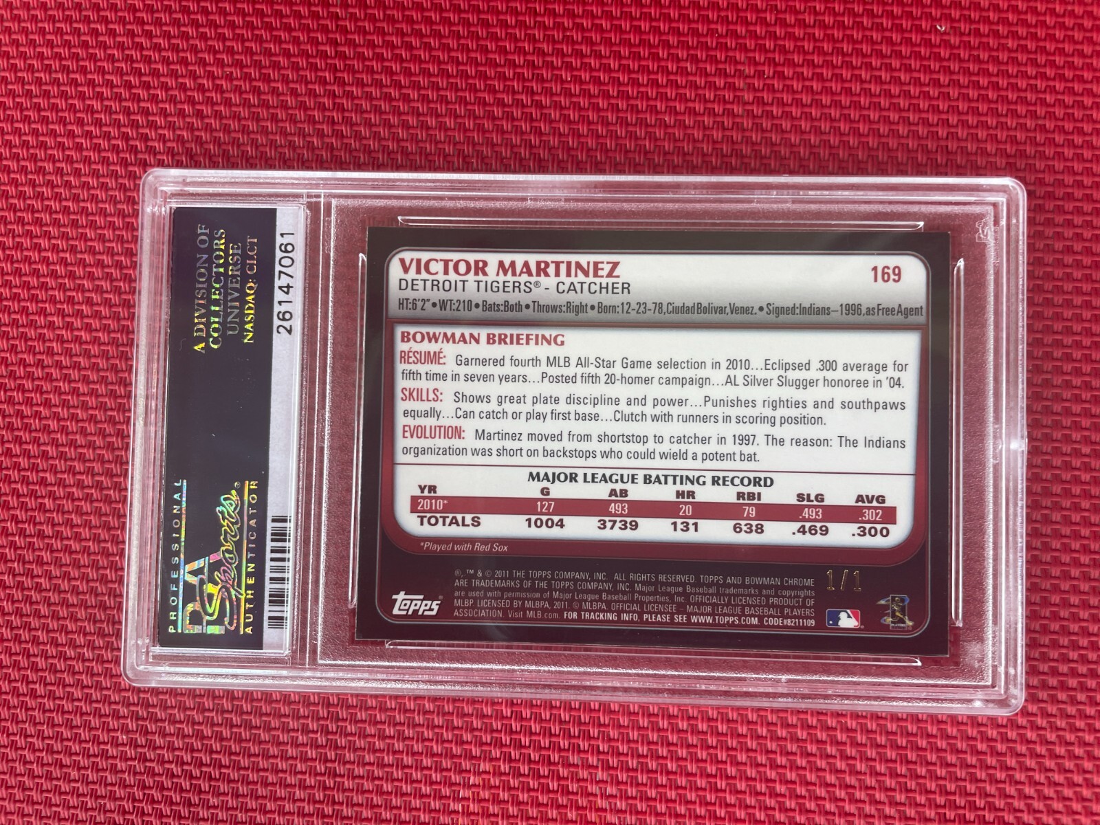 2011 Bowman Chrome VICTOR MARTINEZ CANARY DIAMOND SUPERFRACTOR 1/1 PSA 10 view 5