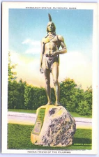 Postcard Massachusetts Massasoit Statue Plymouth Indian Friend WB UNP G10
