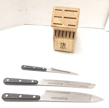 SET of 3 JA HENCKELS INT'L EVERSHARP STEAK KNIVES  SERRATED BLADES W/ BLOCK 