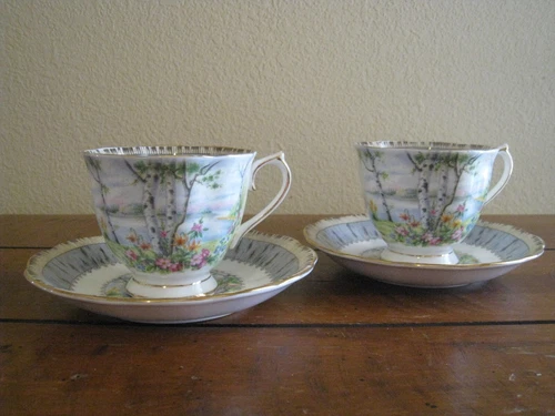 Royal Albert Silver Birch Cup & Saucer Set Lot of 2