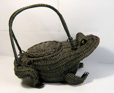 Vintage MCM 1950s Wicker Frog Purse Glass Marble Eyes RARE