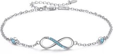Pulsera de plata de ley o tobillo con símbolo de infinito pedrería azul
