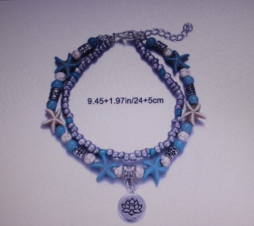 Womens Layered Starfish Lotus Flower Beaded Anklet Green Adjustable Boho New - Picture 4 of 5