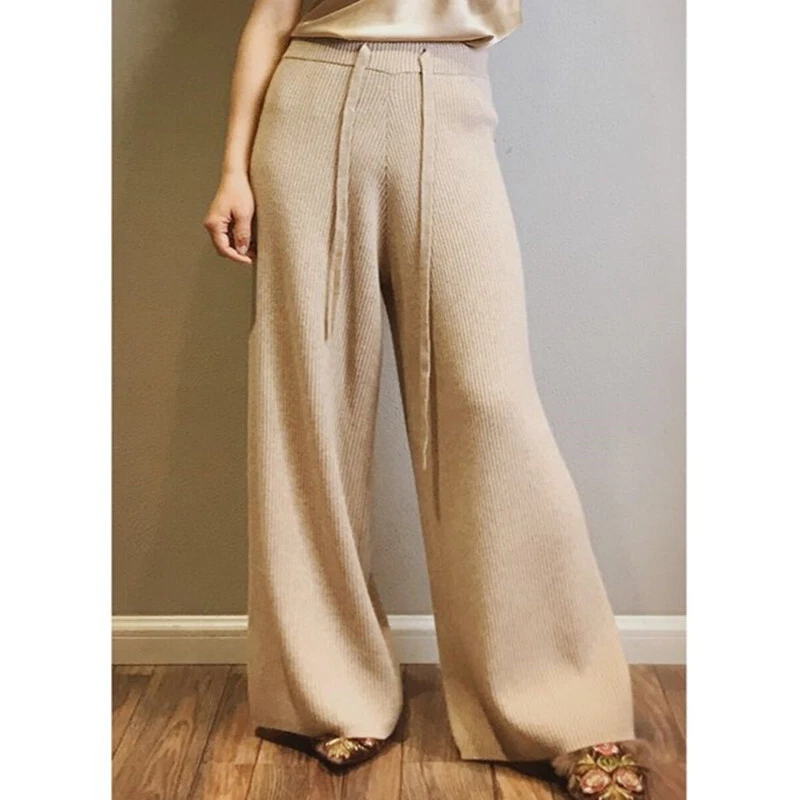 Stylish Women's 100% Cashmere Wool Wide Leg Pants High Waist Trousers Elegant - Image 4 of 4