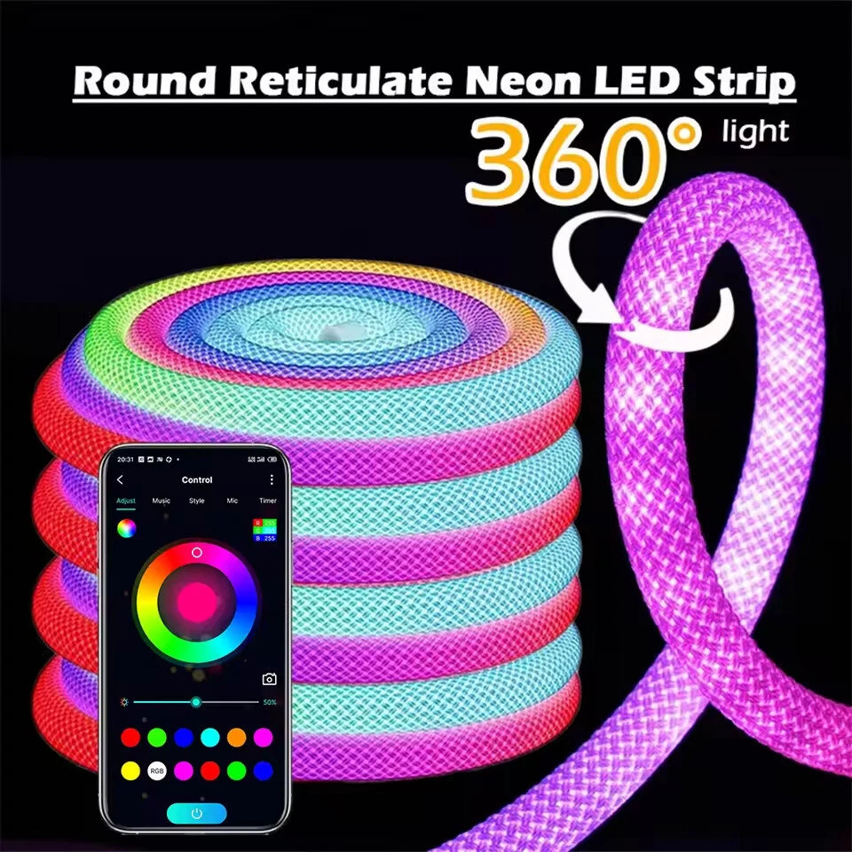 5m 360° Round RGBIC LED Neon Rope Light Strip 5V IP67 Indoor Outdoor Home Decor