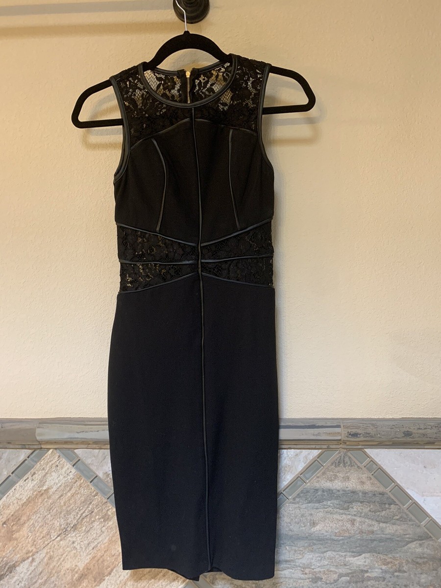 XOXO Juniors Black Dress Size XS Lace Faux Leather Trim Stretch Knee Length  | eBay