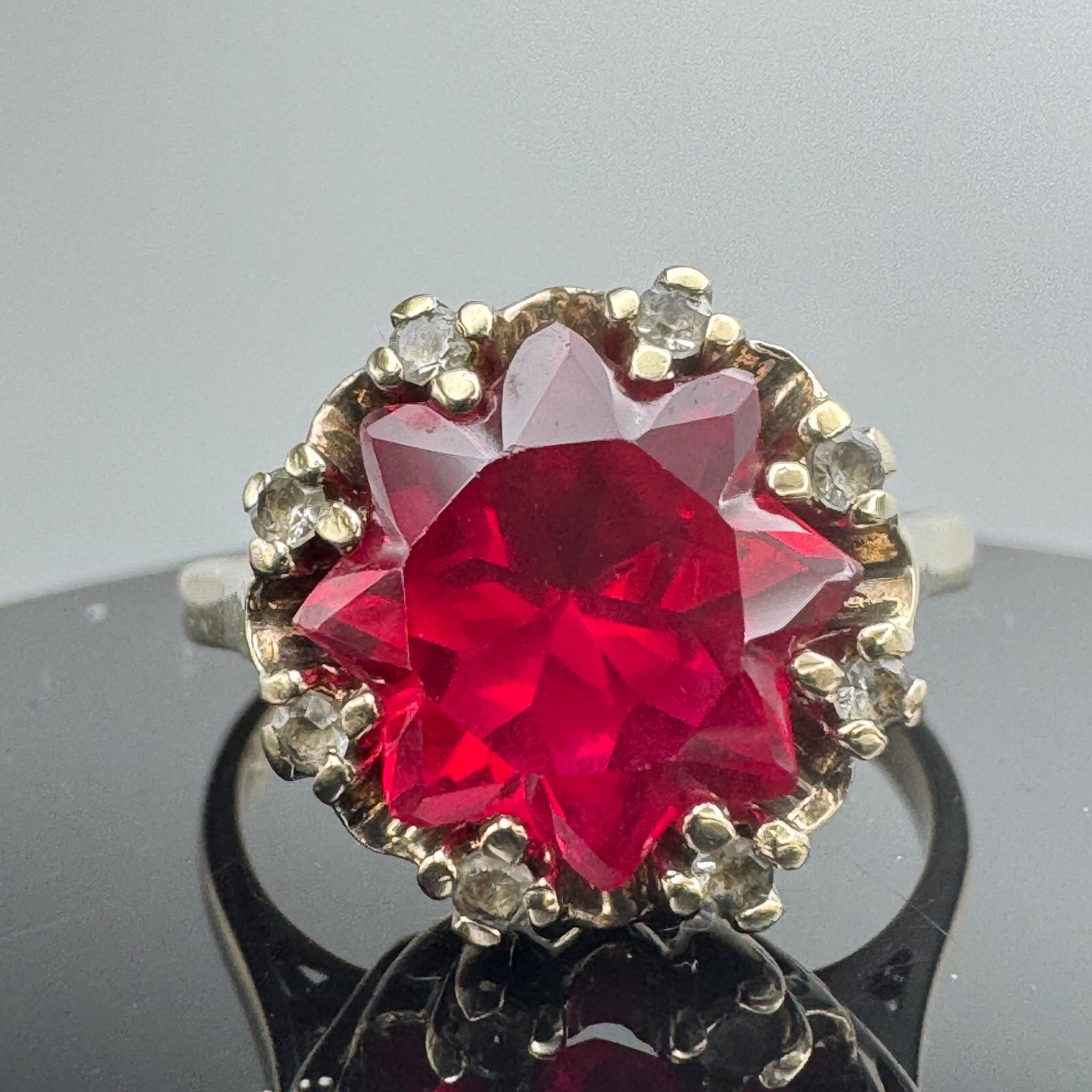 Solid 10k Gold Ring with Lab Ruby and Diamond / V… - image 1