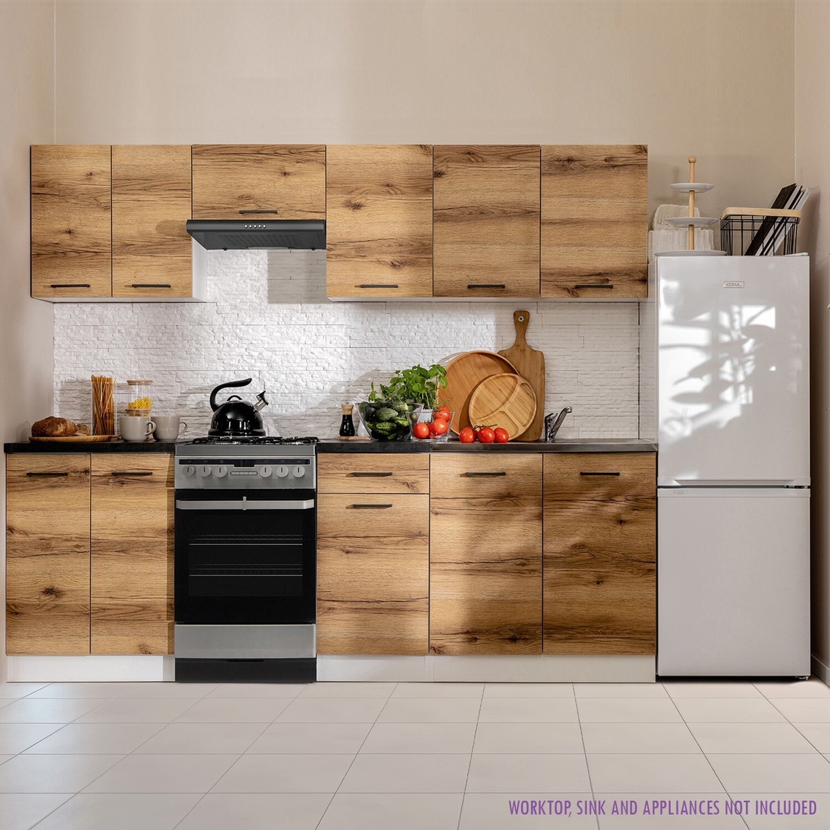 Summer Premium Compact Kitchen Set 230cm Cabinets Light Delano Oak