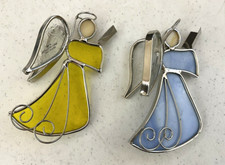 Lot Of 2 Vtg. 1982 Stained Glass Hanging Angels Gallery Art Glass Blue  Yellow