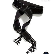 Free People Blaire Fringe Wrap Belt Suede Studded Wide Tie Waist Black O/S NEW