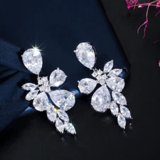 Sparkling Silver Plated CZ Big Long Flower Drop Earrings for Brides Wedding 