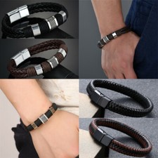 Unisex Women Men Braided Leather Steel Magnetic Clasp Bracelet Handmade