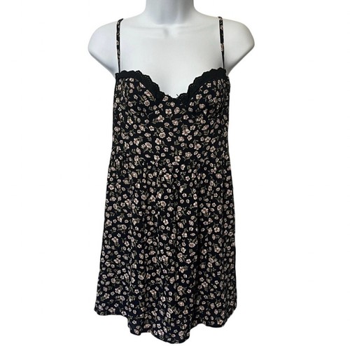 Sky to Moon Black Floral Mini Dress - Size Small Sweetheart Neckline Boho Girly