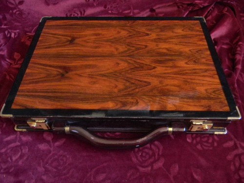 Vintage Oak Wood & Leather Briefcase Brass Corner Guards Wooden Handle