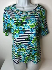 Rafaella Women's Petite Medium PM Blue Floral Top Chain Detail Neck Short Sleeve