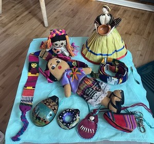 Lot Of Vintage Central American Hand Made Artisan, Flutes, Belt, Papoose, Dolls