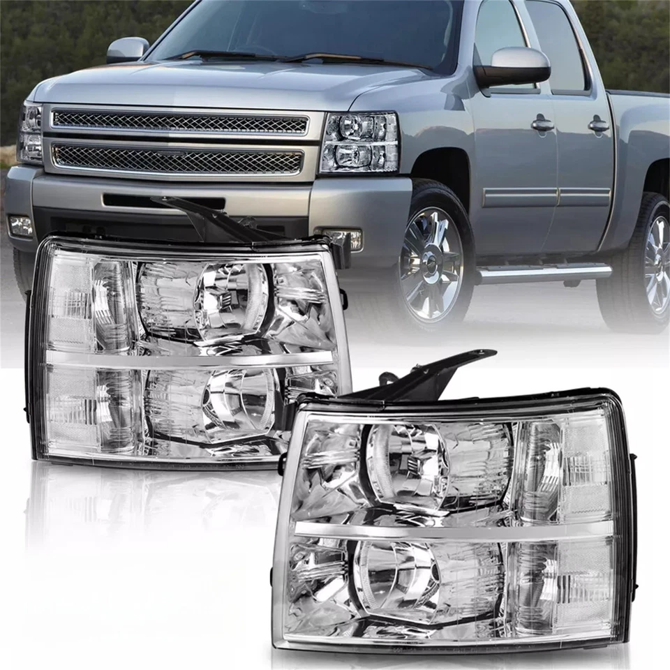 Chrome Headlights For 2007-2014 Chevy Silverado 1500 2500HD 3500HD LH+RH Sets Foto 3 de 4