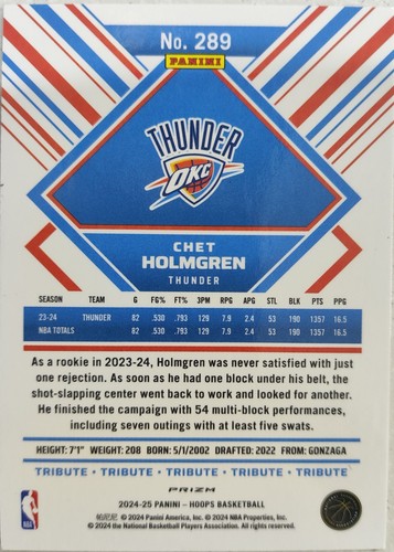 NBA 2024-25 Panini Hoops Chet Holmgren Tribute Silver Holo Rare #289 Thunder - Picture 2 of 2