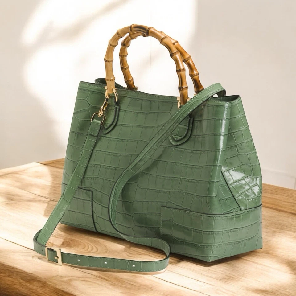 Nuevo Bolso de Cuero de Bambú Pratesi Firenze 3 Compartimentos K291 Hecho en Italia Foto 2 de 4