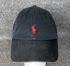 VTG Polo Ralph Lauren Black Hat Men Leather StrapBack Cap Red Pony Baseball