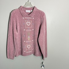 Vtg Alfred Dunner Pink Soft Chenille Embroidered Sweater XL Collared Preppy New