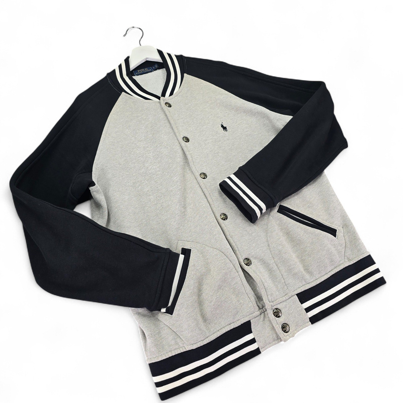 Polo Ralph Lauren uomo grande grigio nero giacca Varsity bottoni a pressione pony