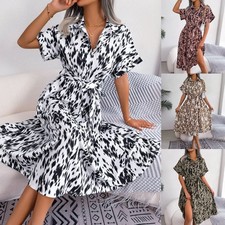 Donna Leopardato Midi Abito Scollo A V Manica Corta con Cintura Casual Spiaggia