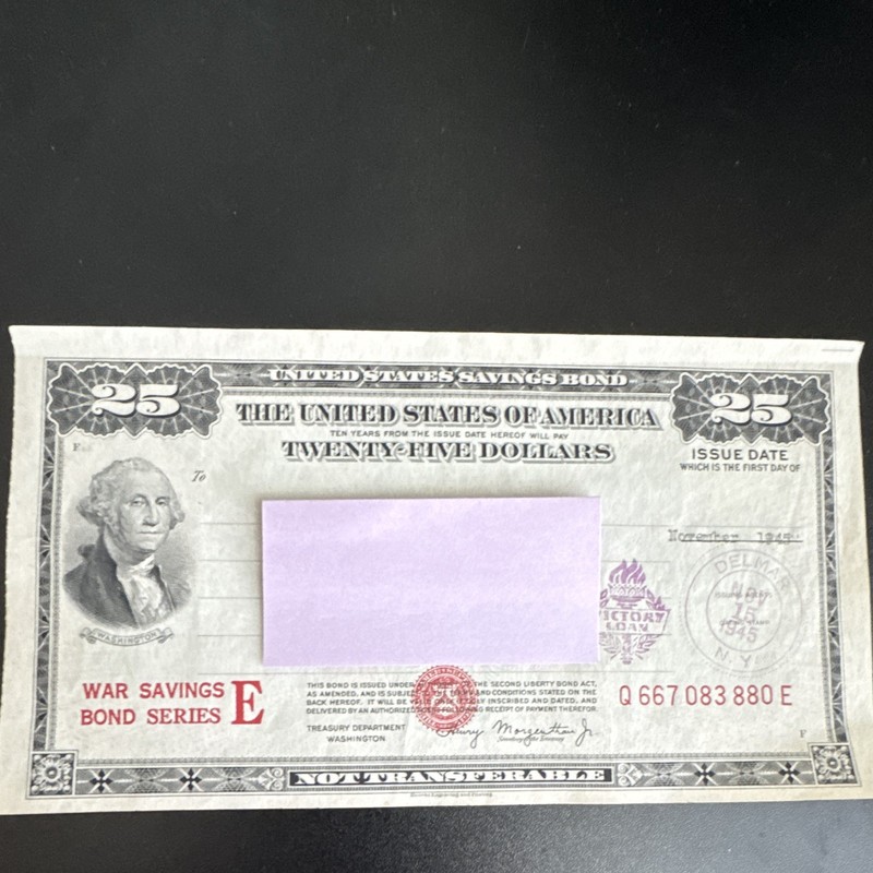 United States War Savings Bond Series E $25 Paper Bond Certificate