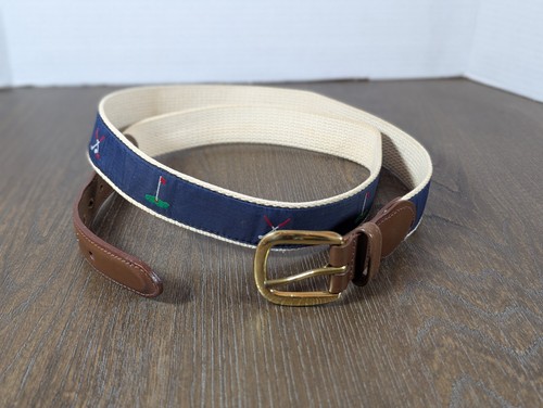 Cintura uomo Canterbury golf pelle tela 44 fibbia ottone massiccio ricamata blu