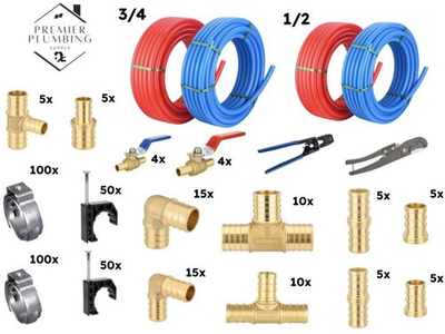 #ad #ad 3 4quot; amp; 1 2quot; Pex B 4x50ft Pipe Roll RedBlue Clamp Fittings Crimper Plumbing Kit $379.00