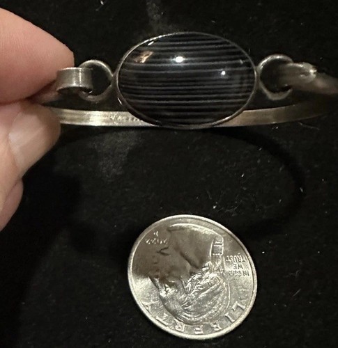 Vtg Sterling Silver 925 Faceted Black Strip Agate Cabochon Bracelet Bangle SW - Picture 4 of 13