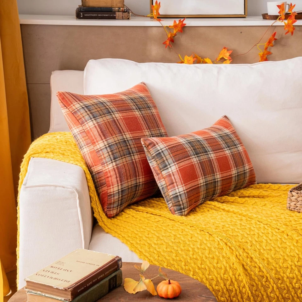 Juego de 2 fundas de almohada a cuadros de otoño de 18x18 pulgadas naranja para sofá Foto 2 de 4