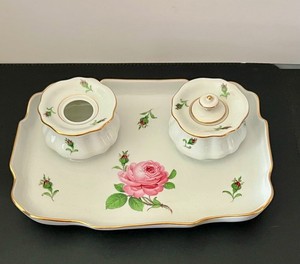 4 PC Meissen Porcelain Rose Desk Tray Set w/ Pounce Pot & Inkwell Or Vanity Set