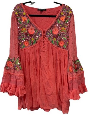 Boston Proper Flare Sleeve Sequin Embroidered Mesh Dress Size M Appliqué